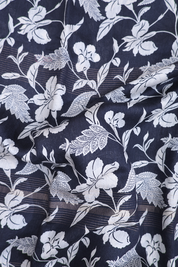 Tussar Silk Saree In Black With Floral Design