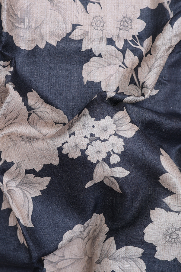 Tussar Silk Saree In Charcoal Grey With Floral Design