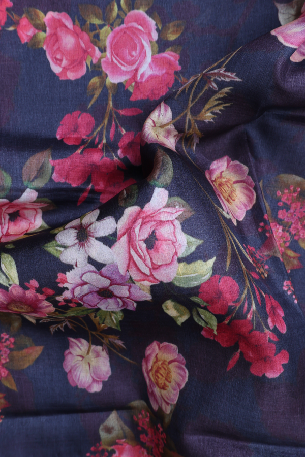 Tussar Silk Saree In Charcoal Grey With Floral Design