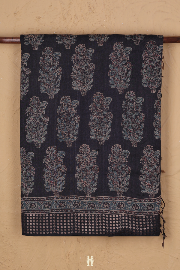 Tussar Silk Saree In Charcoal Grey With Floral Motifs