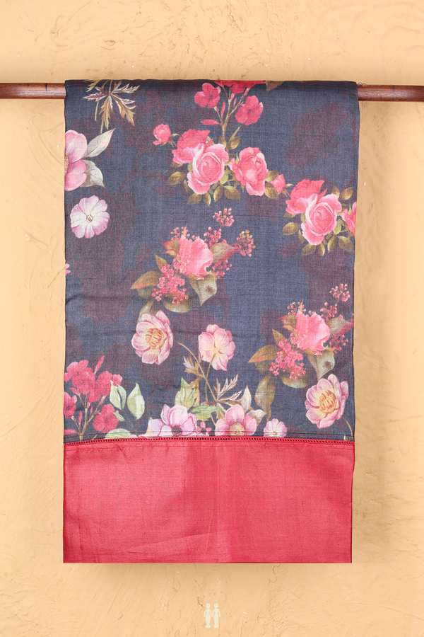 Tussar Silk Saree In Charcoal Grey With Floral Printed Design