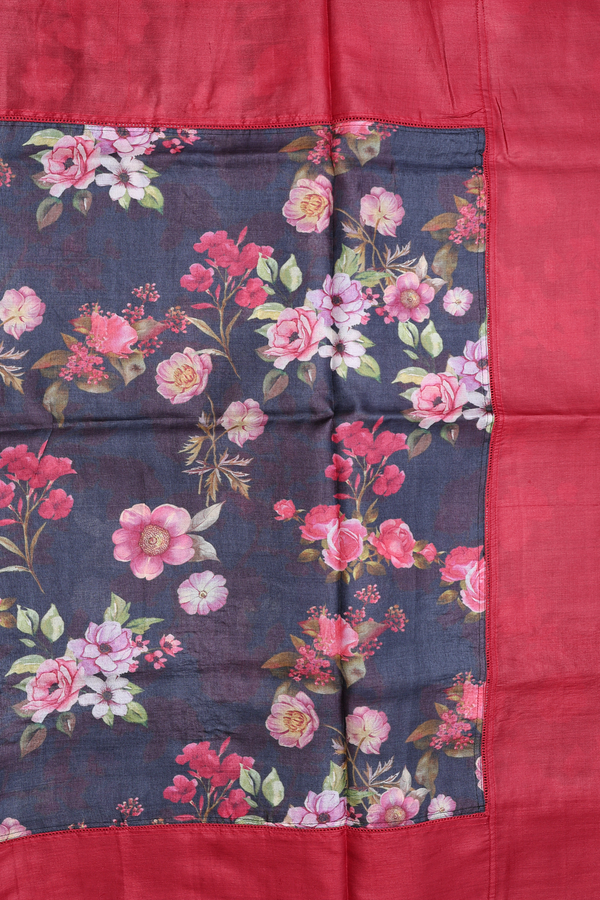 Tussar Silk Saree In Charcoal Grey With Floral Printed Design