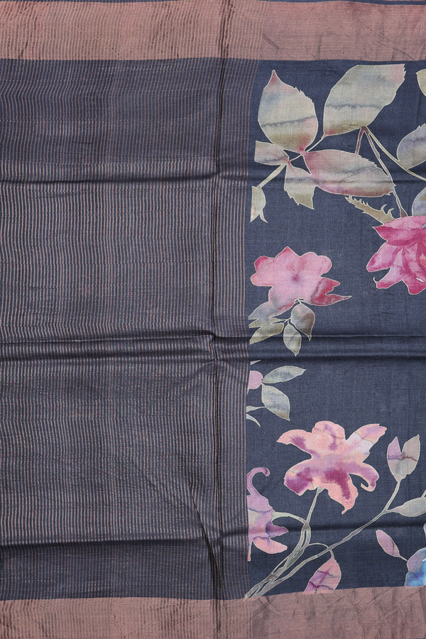 Tussar Silk Saree In Charcoal Grey With Floral Printed Design