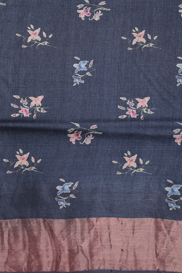 Tussar Silk Saree In Charcoal Grey With Floral Printed Design