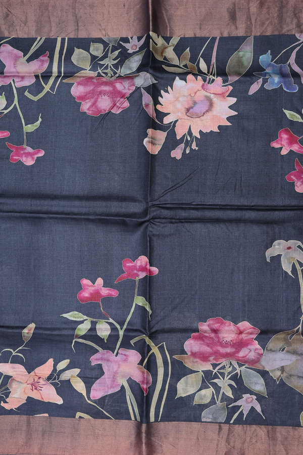Tussar Silk Saree In Charcoal Grey With Floral Printed Design