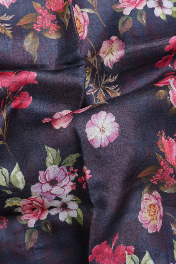 Tussar Silk Saree In Charcoal Grey With Floral Printed Design