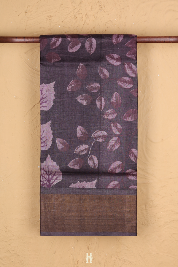 Tussar Silk Saree In Charcoal Grey With Leaf Printed Design