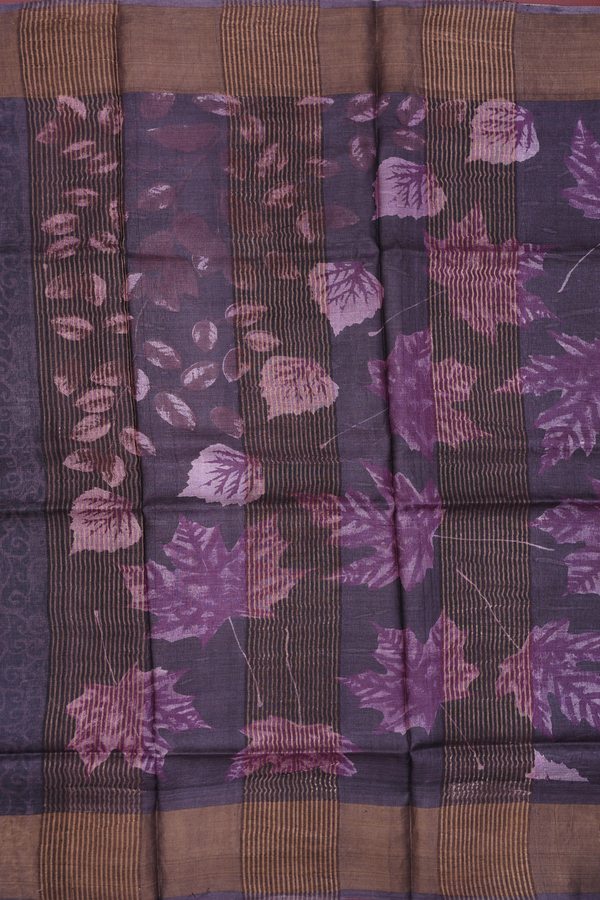 Tussar Silk Saree In Charcoal Grey With Leaf Printed Design