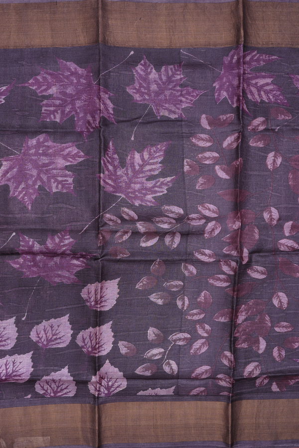Tussar Silk Saree In Charcoal Grey With Leaf Printed Design