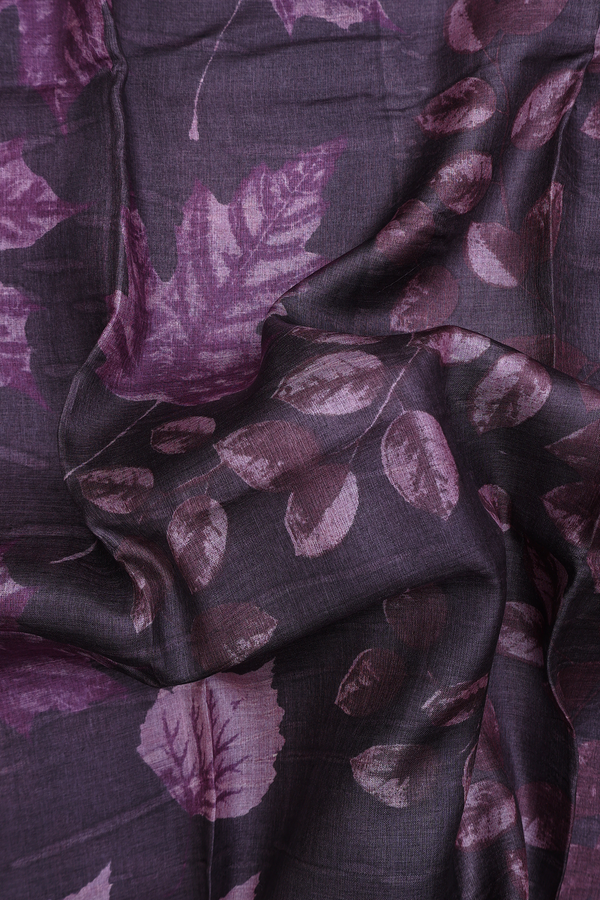 Tussar Silk Saree In Charcoal Grey With Leaf Printed Design