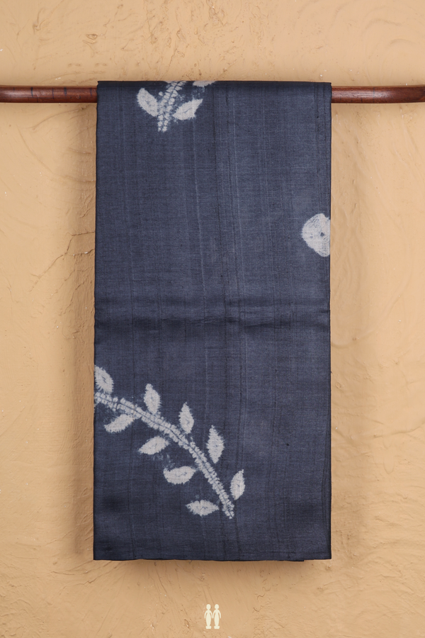Tussar Silk Saree In Charcoal Grey With Leaf Printed Design