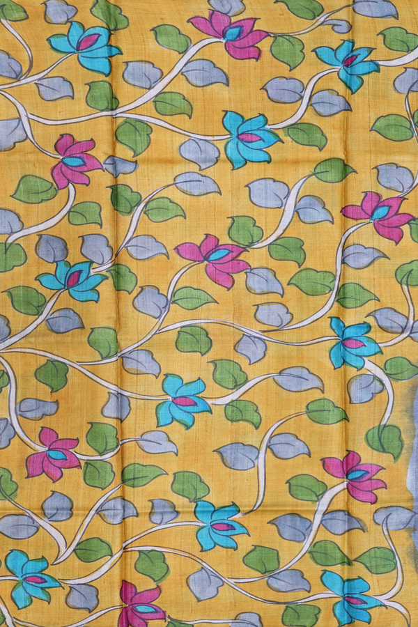Tussar Silk Saree In Charcoal Grey With Leaf Printed Design