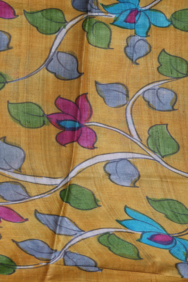 Tussar Silk Saree In Charcoal Grey With Leaf Printed Design