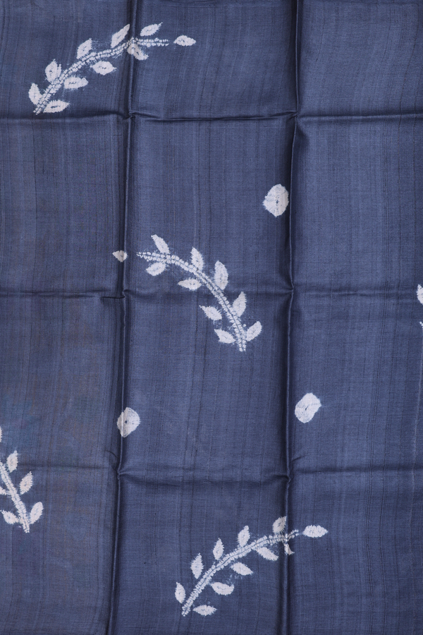 Tussar Silk Saree In Charcoal Grey With Leaf Printed Design