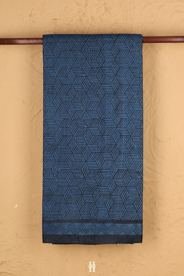 Tussar Silk Saree Charcoal Grey And Blue With Printed Design