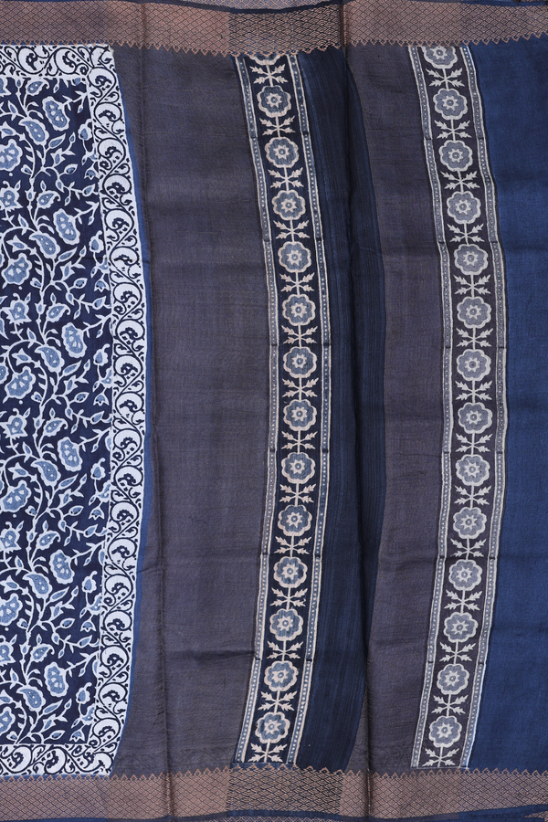 Tussar Silk Saree In Charcoal Grey With Printed Design
