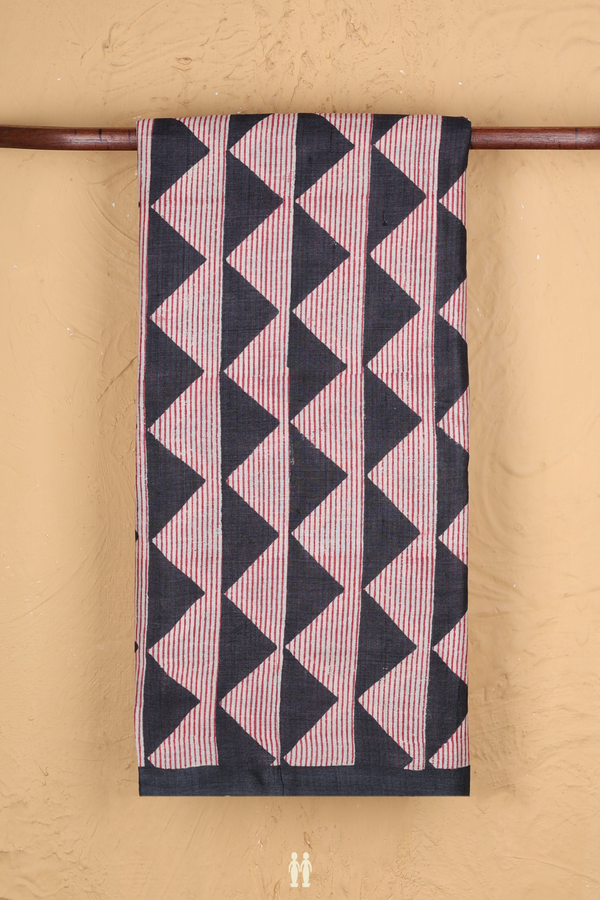 Tussar Silk Saree In Charcoal Grey With Printed Design
