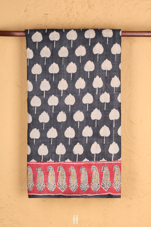 Tussar Silk Saree In Charcoal Grey With Printed Design