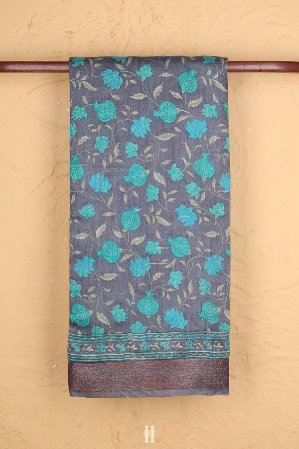 Tussar Silk Saree In Charcoal Grey With Printed Design