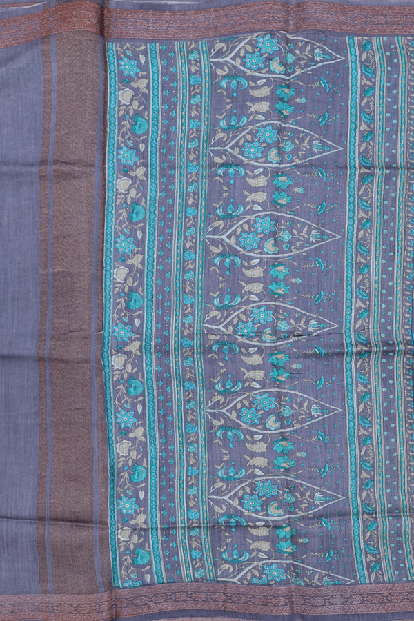 Tussar Silk Saree In Charcoal Grey With Printed Design