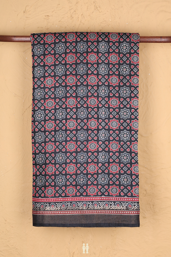 Tussar Silk Saree In Charcoal Grey With Printed Design