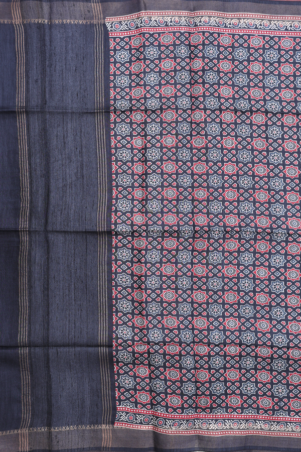 Tussar Silk Saree In Charcoal Grey With Printed Design