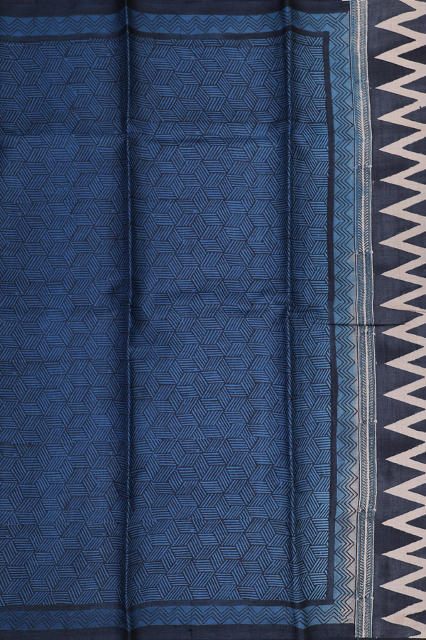 Tussar Silk Saree Charcoal Grey And Blue With Printed Design