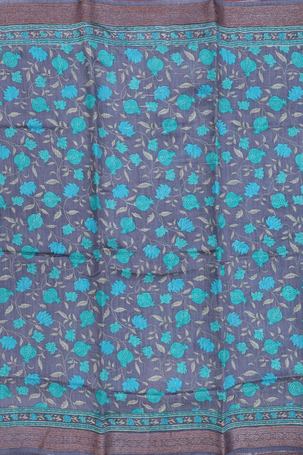 Tussar Silk Saree In Charcoal Grey With Printed Design