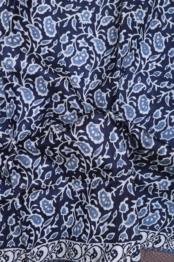 Tussar Silk Saree In Charcoal Grey With Printed Design