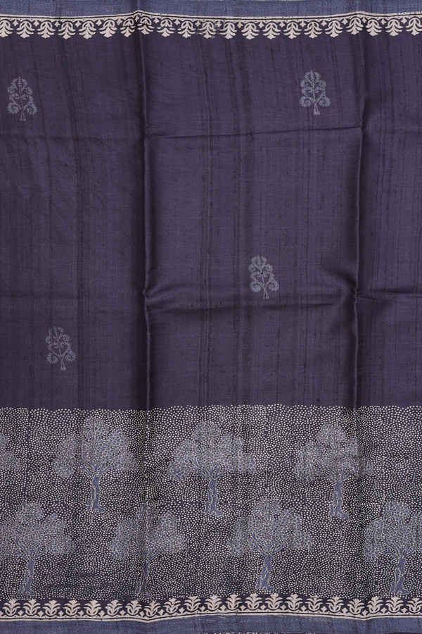 Tussar Silk Saree In Charcoal Grey With Printed Design