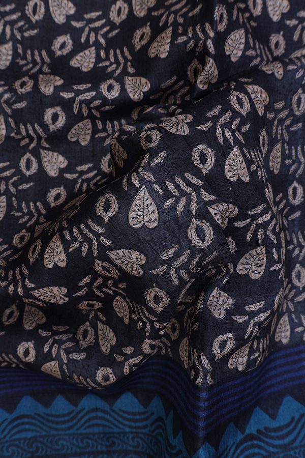 Tussar Silk Saree In Charcoal Grey With Printed Design
