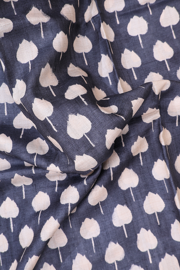 Tussar Silk Saree In Charcoal Grey With Printed Design