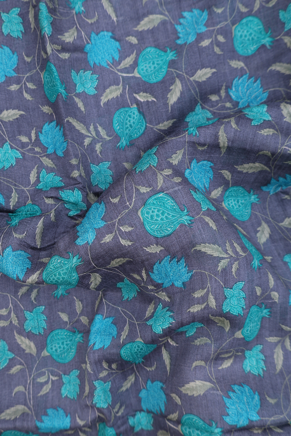 Tussar Silk Saree In Charcoal Grey With Printed Design
