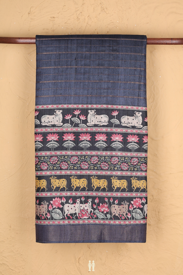 Tussar Silk Saree In Charcoal Grey With Stripes Design