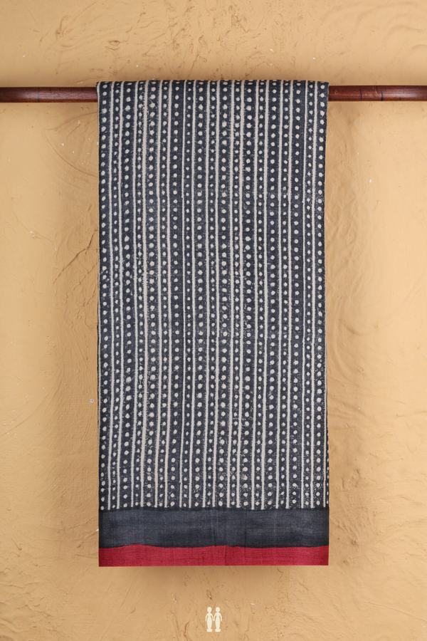 Tussar Silk Saree In Charcoal Grey With Stripes Design