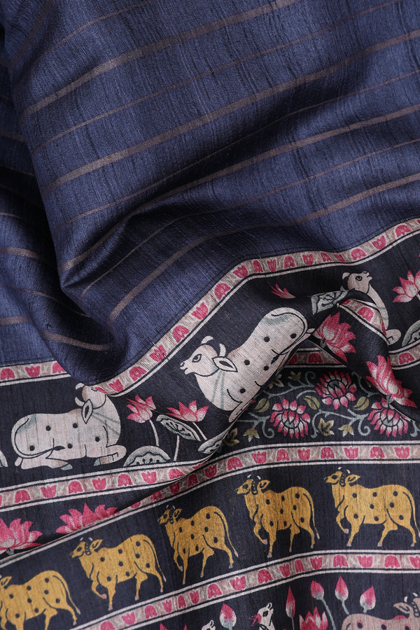 Tussar Silk Saree In Charcoal Grey With Stripes Design