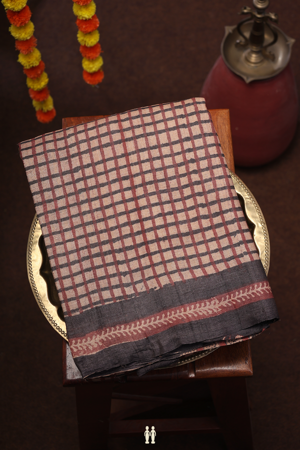 Tussar Silk Saree In Cocoa Brown With Checks Design