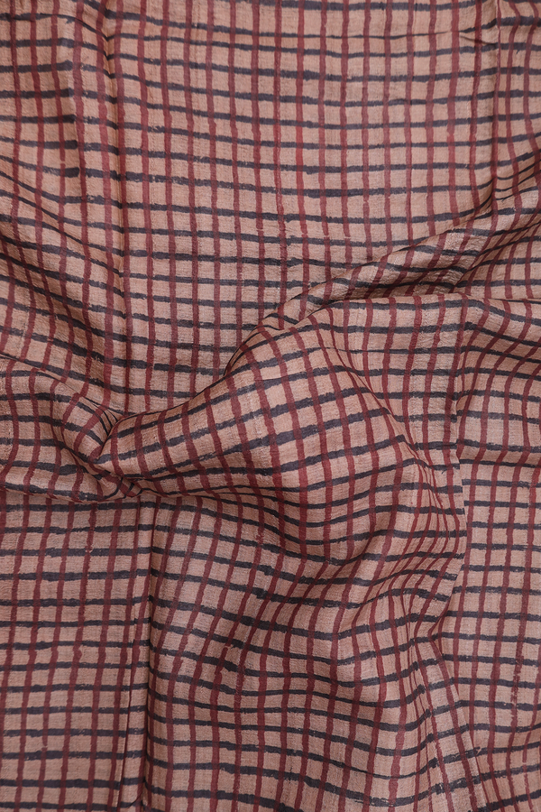 Tussar Silk Saree In Cocoa Brown With Checks Design