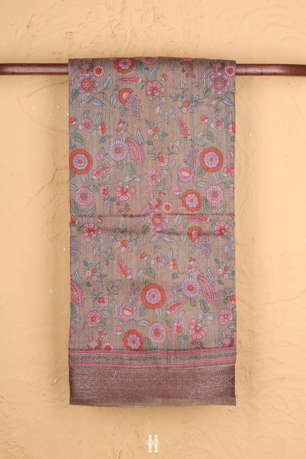 Tussar Silk Saree In Cocoa Brown With Floral Design