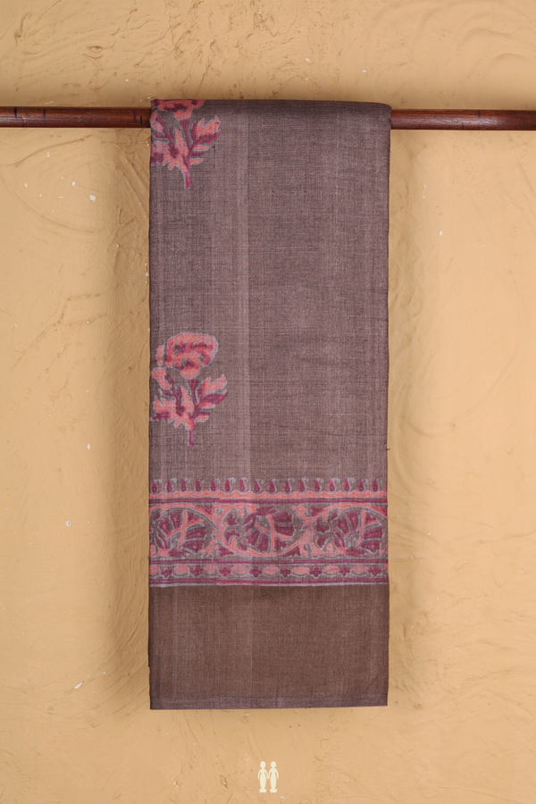 Tussar Silk Saree In Cocoa Brown With Floral Design