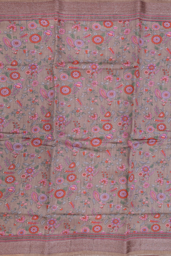Tussar Silk Saree In Cocoa Brown With Floral Design