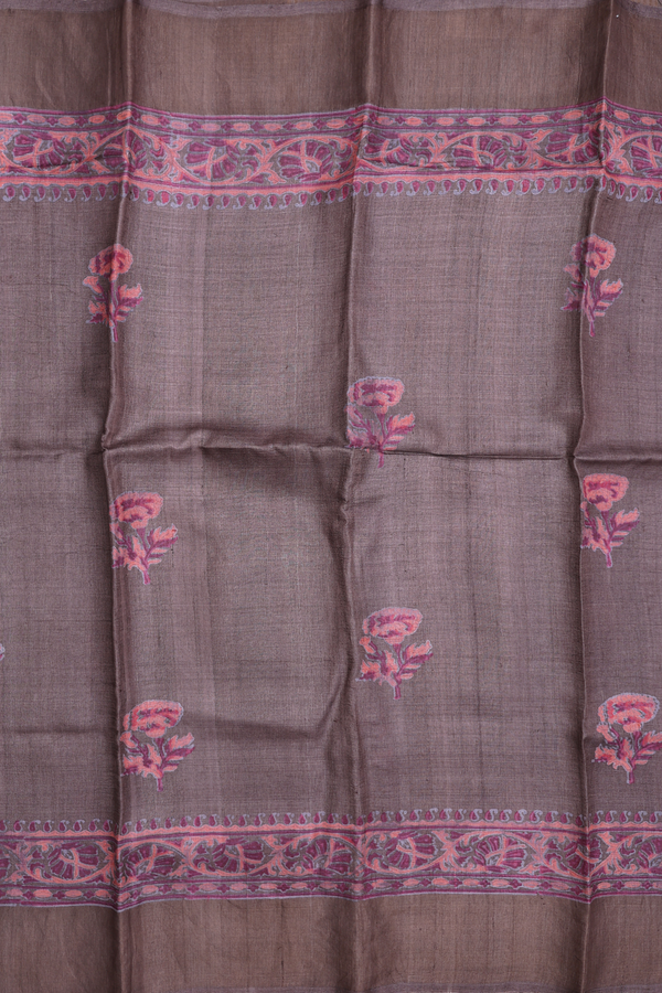 Tussar Silk Saree In Cocoa Brown With Floral Design