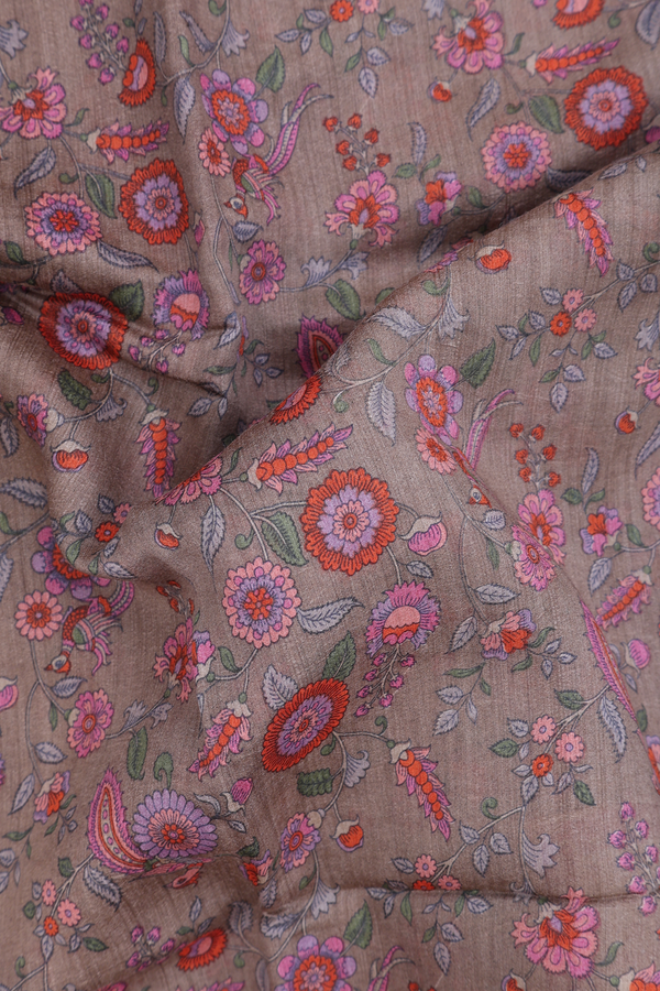 Tussar Silk Saree In Cocoa Brown With Floral Design