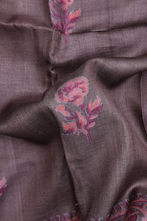 Tussar Silk Saree In Cocoa Brown With Floral Design