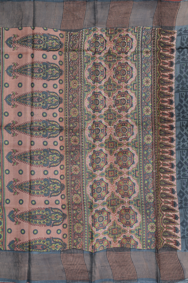 Tussar Silk Saree In Cocoa Brown With Printed Design