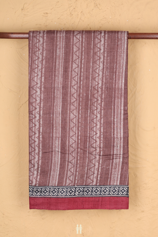 Tussar Silk Saree In Cocoa Brown With Stripes Design