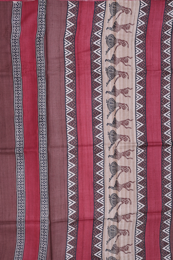 Tussar Silk Saree In Cocoa Brown With Stripes Design