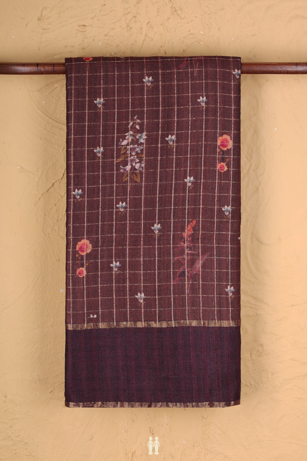 Tussar Silk Saree In Coffee Brown With Checks Design
