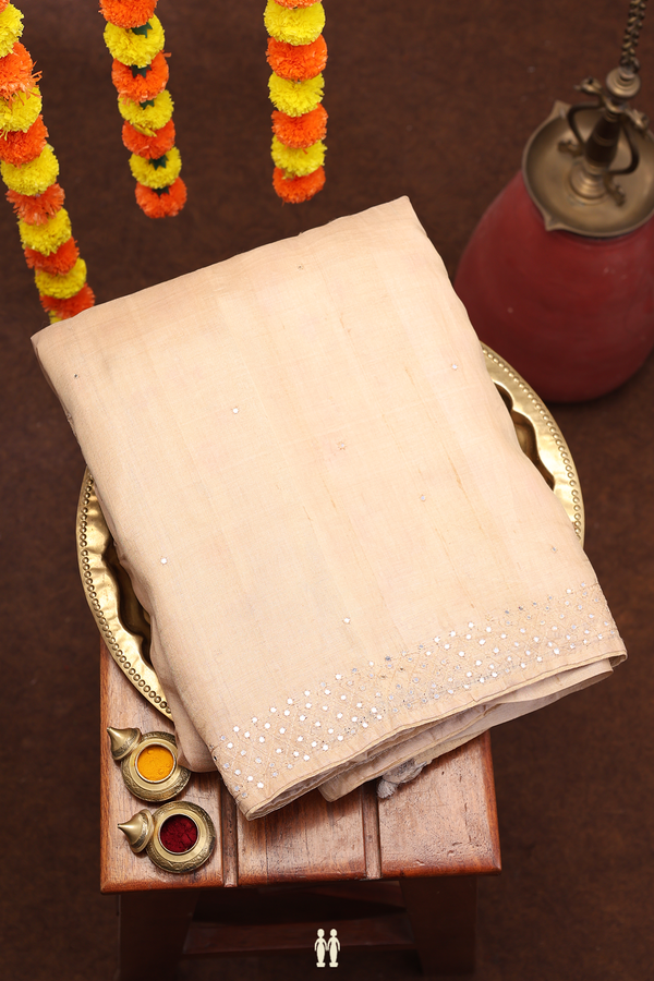 Tussar Silk Saree In Coffee Cream With Mirror Work Buttis