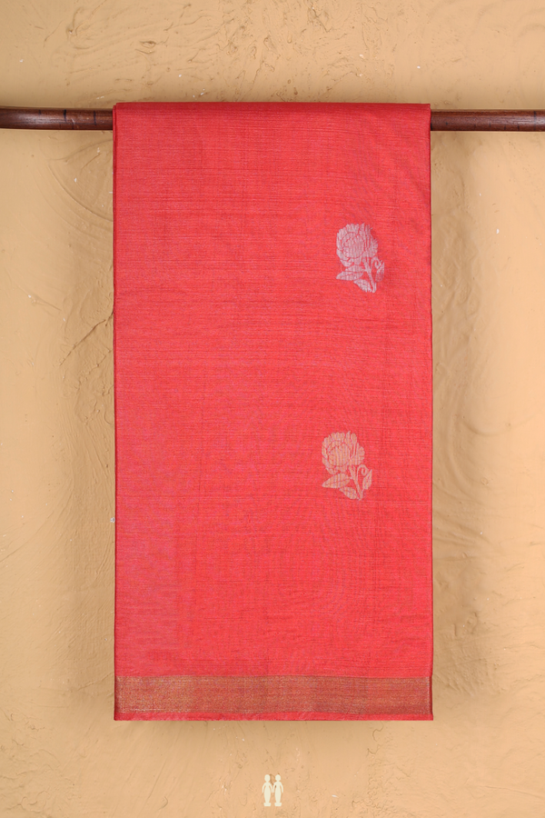 Tussar Silk Saree In Coral Red With Floral Buttas